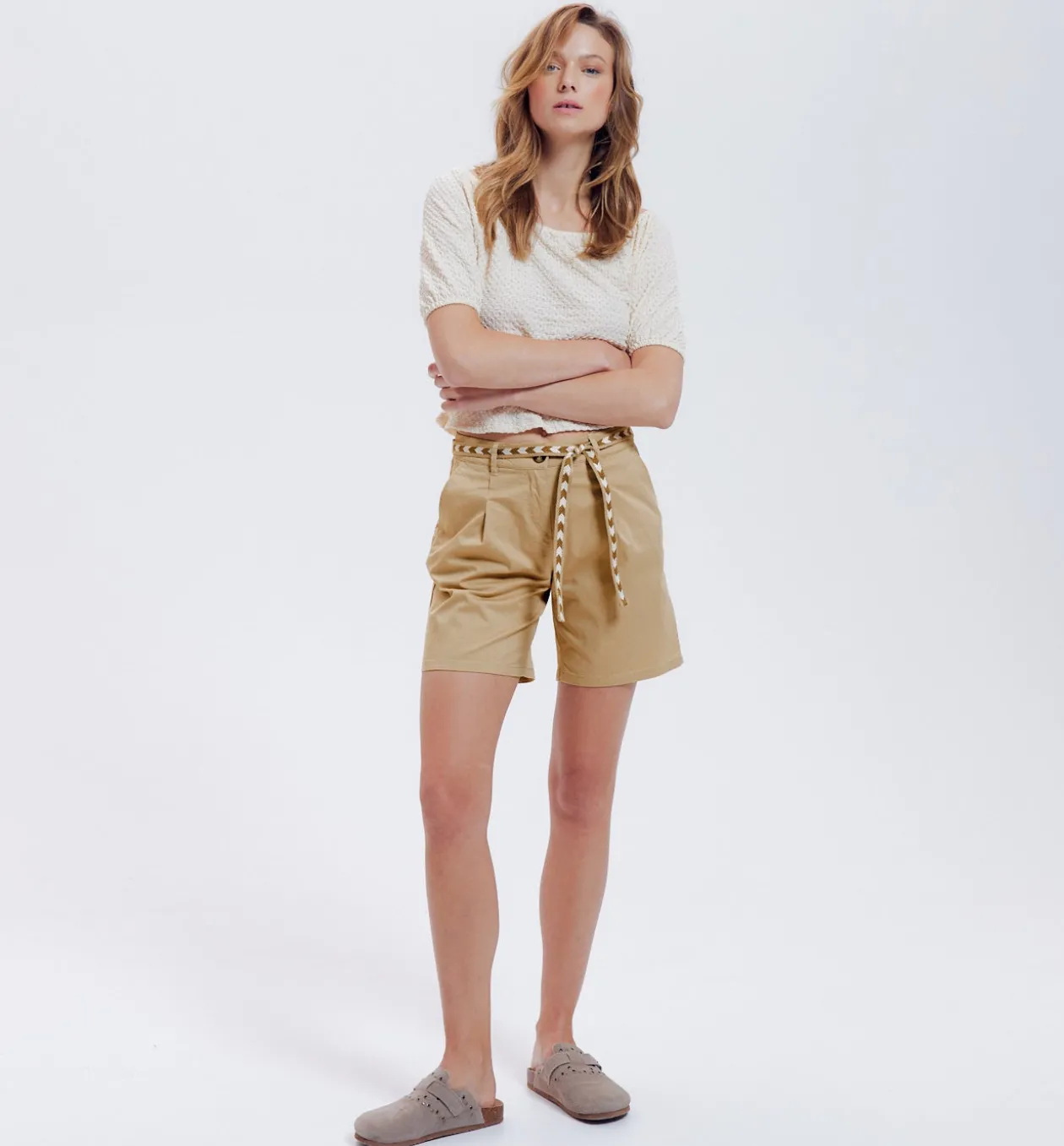 Promod Short à pinces + ceinture - Ecru Flash Sale