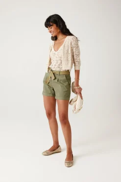 Promod Short à pinces ceinturé - Kaki Cheap