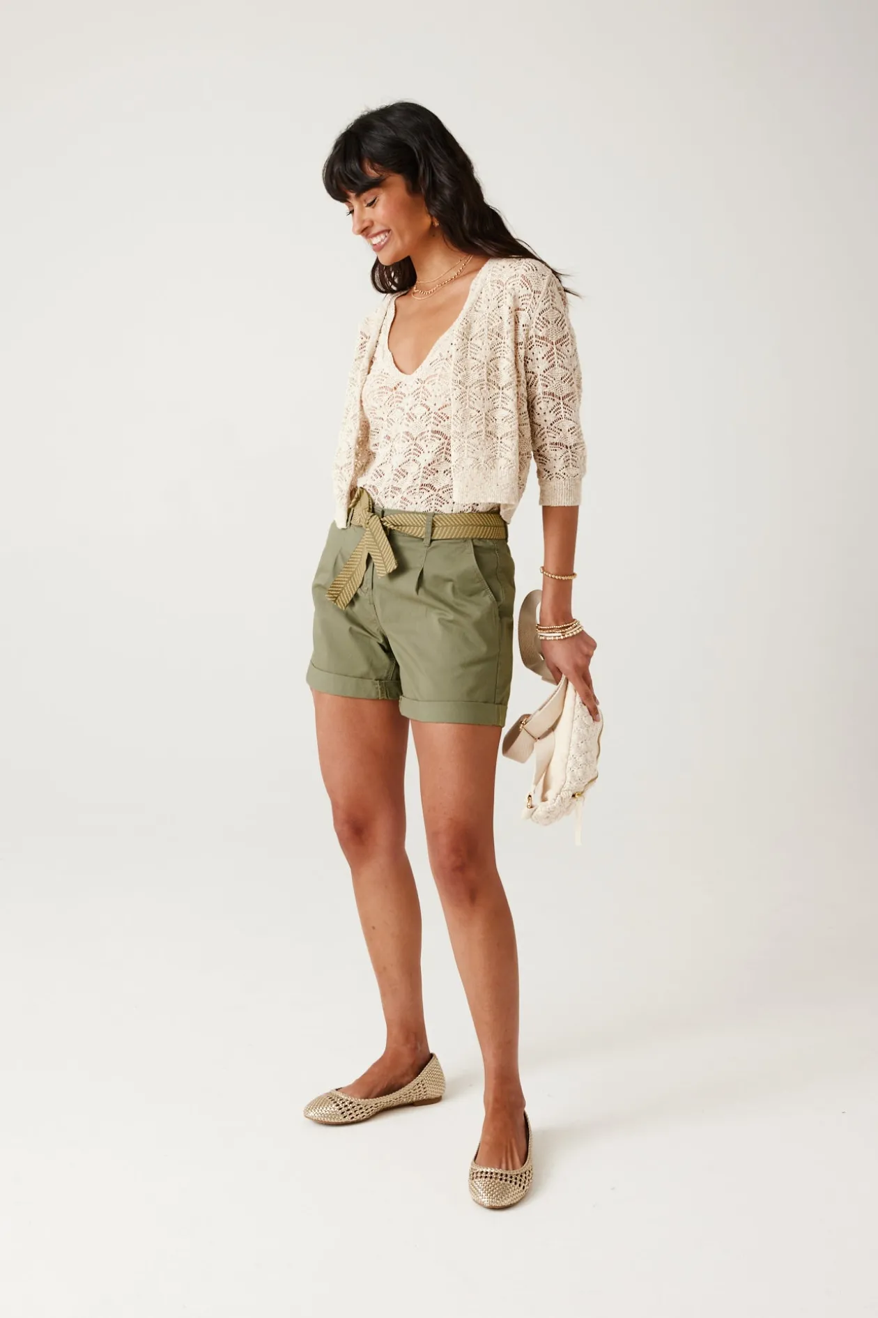Promod Short à pinces ceinturé - Kaki Cheap