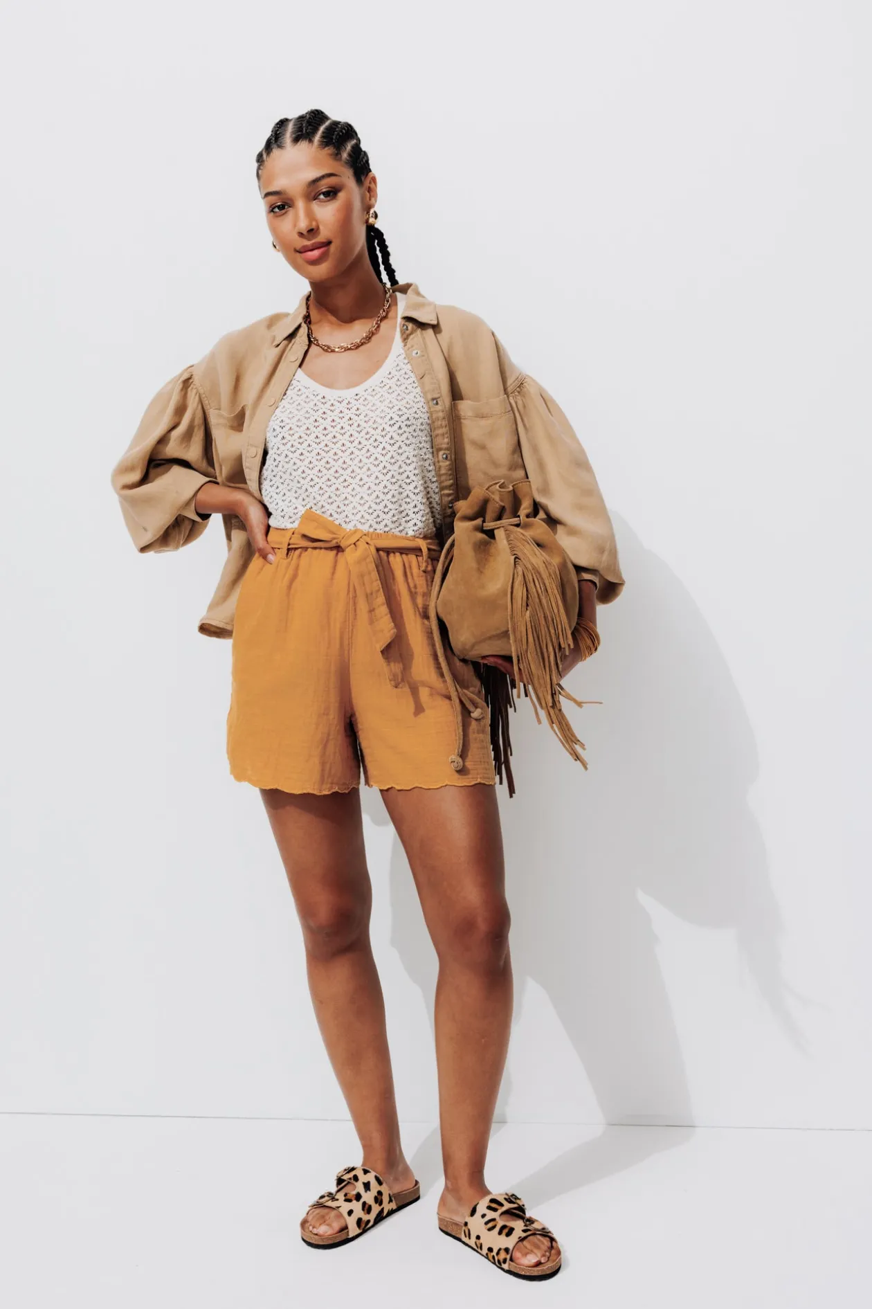 Promod Short en gaze de coton Femme - Ocre Flash Sale