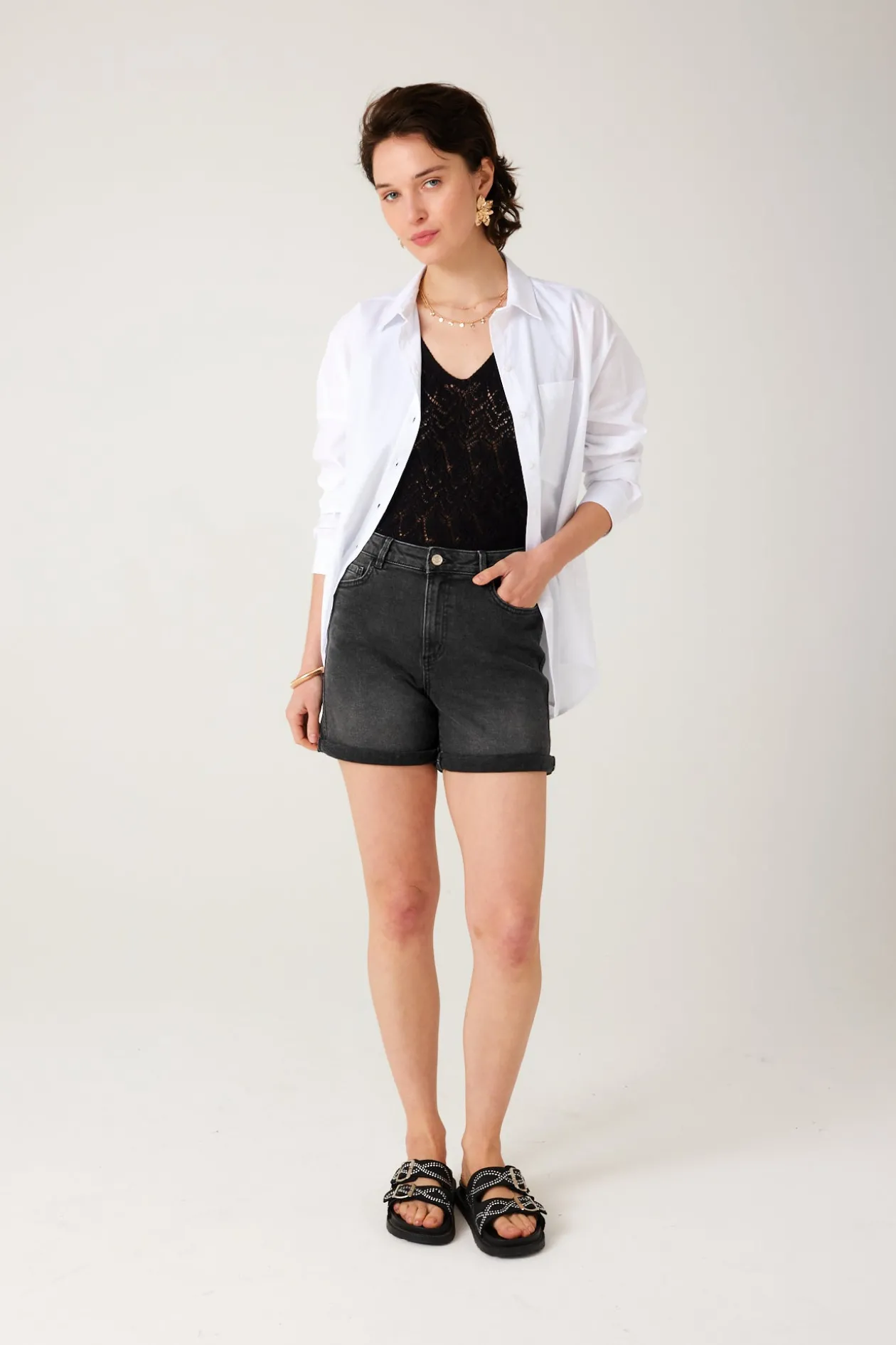 Promod Short en jean Femme - Jean noir Jeannoir Discount