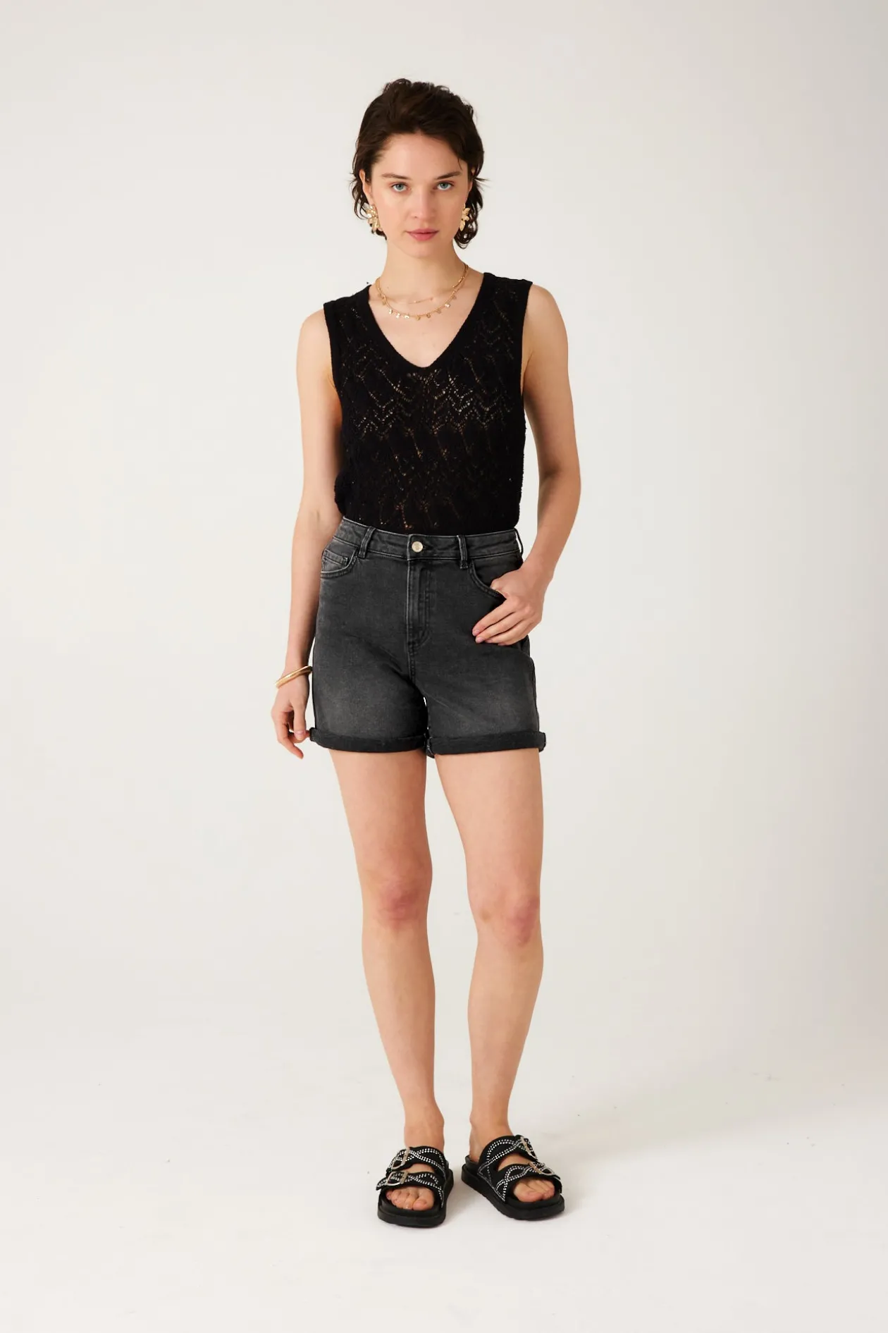 Promod Short en jean Femme - Jean noir Jeannoir Discount