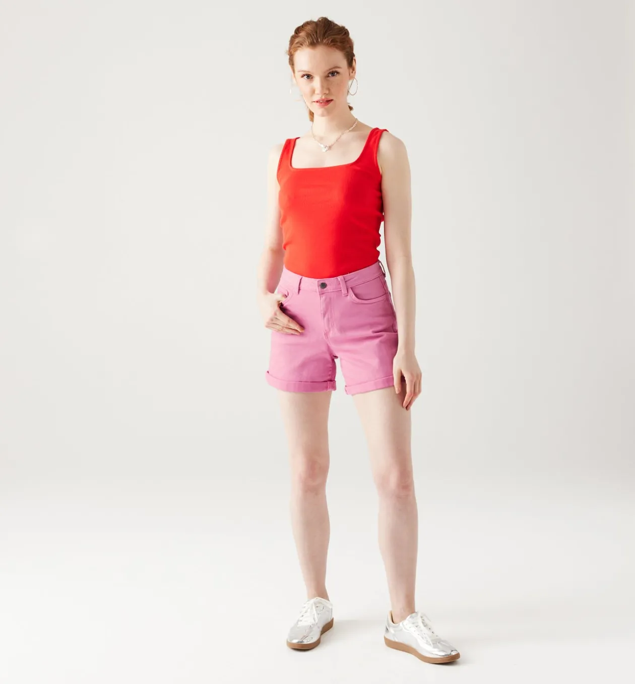 Promod Short en toile unie Femme - Rose Discount