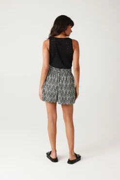 Promod Short uni ceinturé Femme - Imprimé noir Impriménoir Outlet