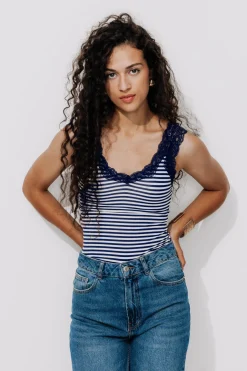 Promod Top à bretelles dentelle Femme - Rayé marine Rayémarine Hot