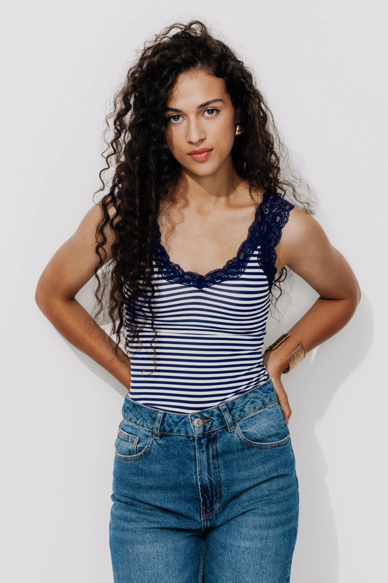 Promod Top à bretelles dentelle Femme - Rayé marine Rayémarine Hot