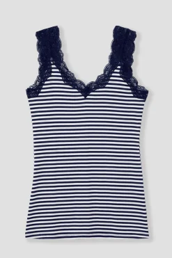 Promod Top à bretelles dentelle Femme - Rayé marine Rayémarine Hot