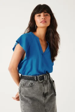 Promod Top uni col V Femme - Bleu New