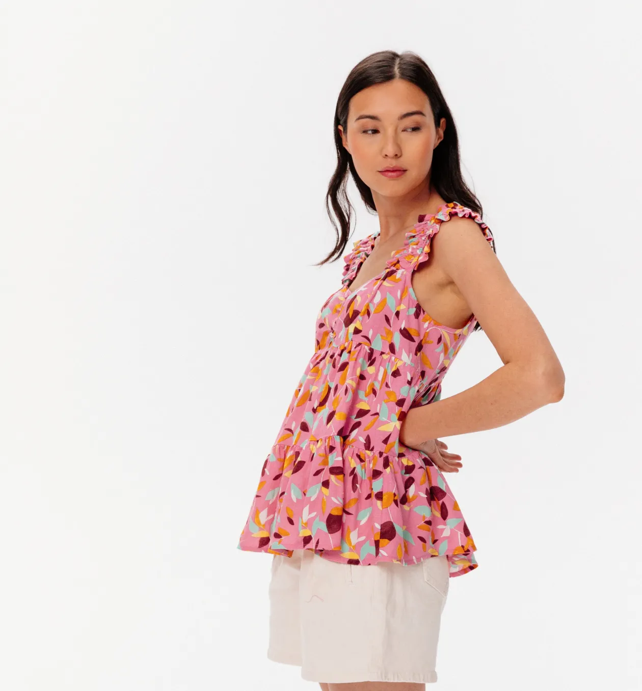 Promod Top évasé volanté Femme - Imprimé rose Imprimérose Discount