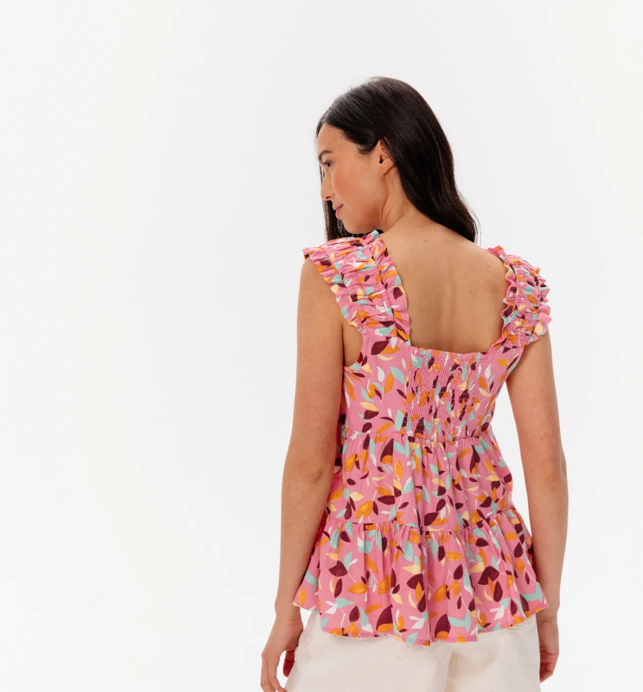 Promod Top évasé volanté Femme - Imprimé rose Imprimérose Discount