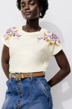 Promod T-shirt brodé de fleurs Femme - Ecru Store