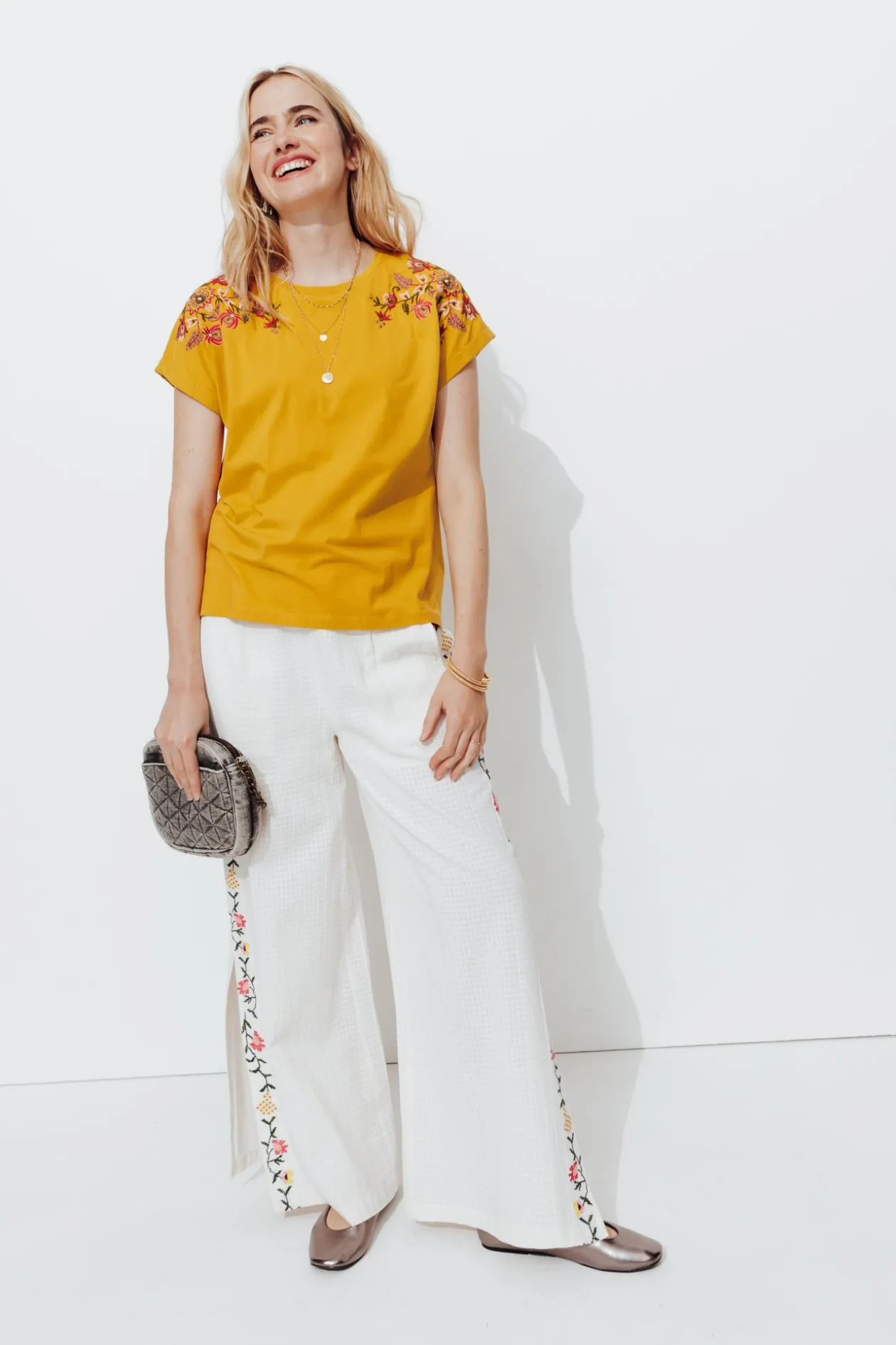 Promod T-shirt brodé de fleurs Femme - Ocre Best
