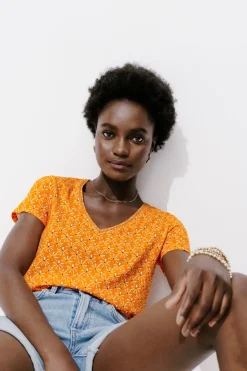 Promod T-shirt col V Femme - Imprimé orange Impriméorange Store