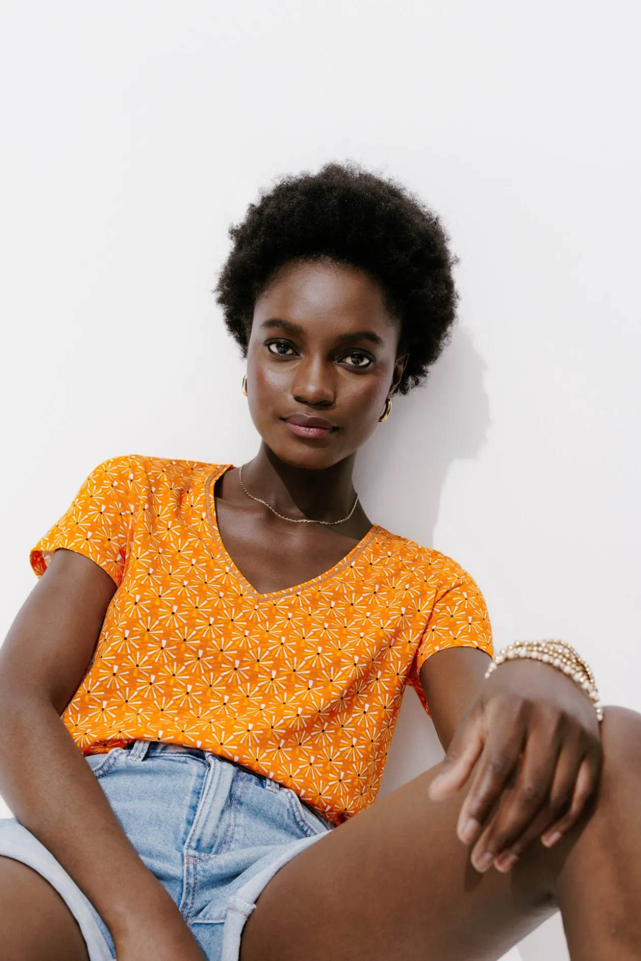 Promod T-shirt col V Femme - Imprimé orange Impriméorange Store