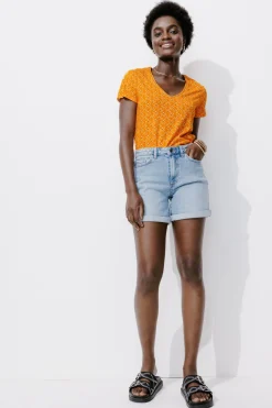 Promod T-shirt col V Femme - Imprimé orange Impriméorange Store