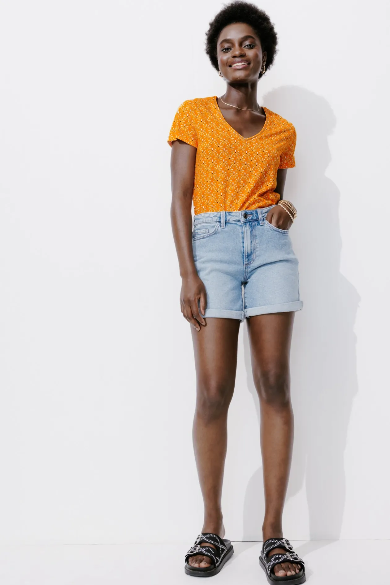 Promod T-shirt col V Femme - Imprimé orange Impriméorange Store