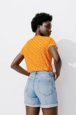 Promod T-shirt col V Femme - Imprimé orange Impriméorange Store