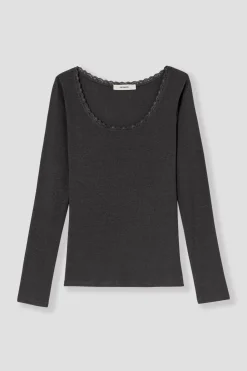 Promod T-shirt côtelé détail dentelle - Gris foncé Grisfoncé Hot