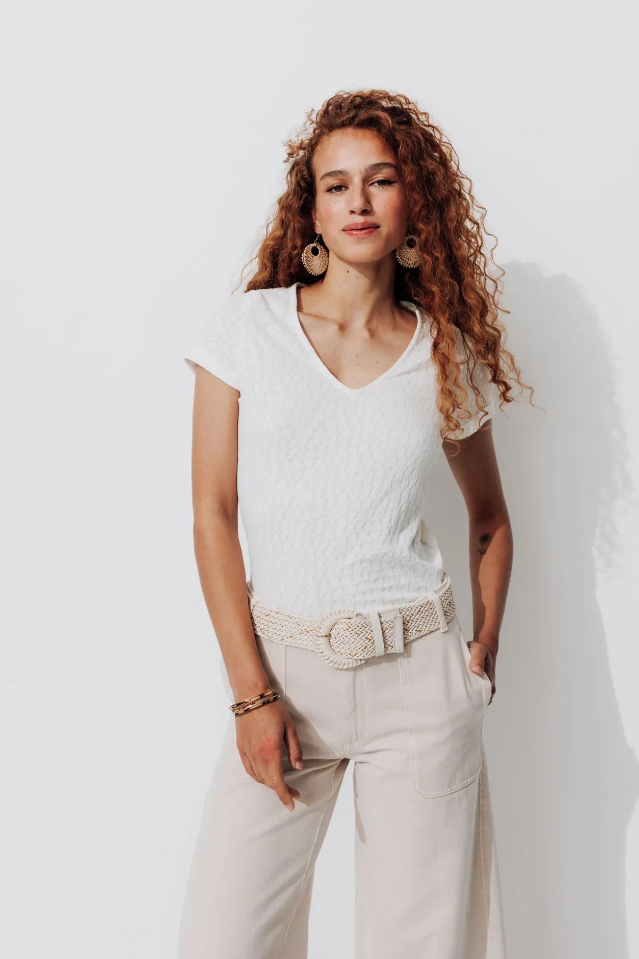 Promod T-shirt fantaisie col V Femme - Ecru Best Sale