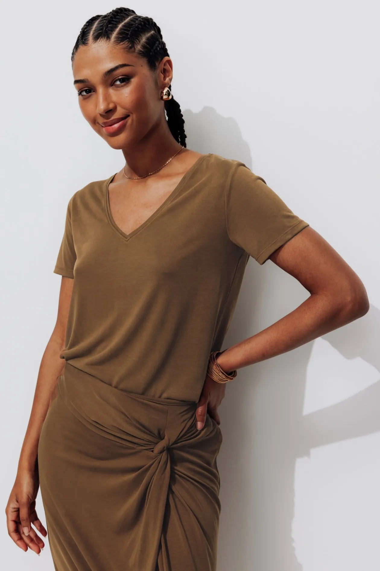 Promod T-shirt uni col V Femme - Caramel Fashion