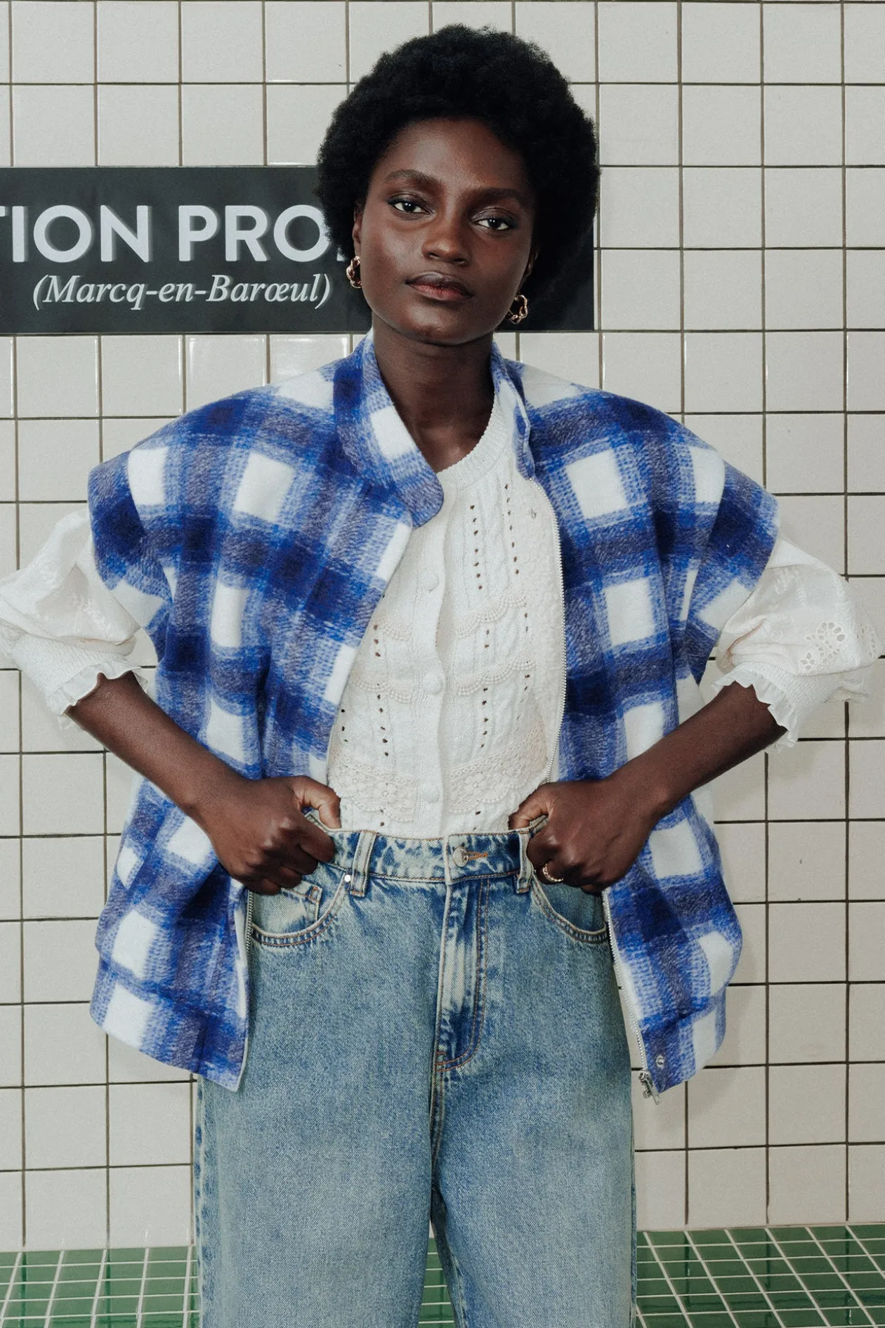 Promod Veste à carreaux et moumoute - Carreaux marine Carreauxmarine Flash Sale
