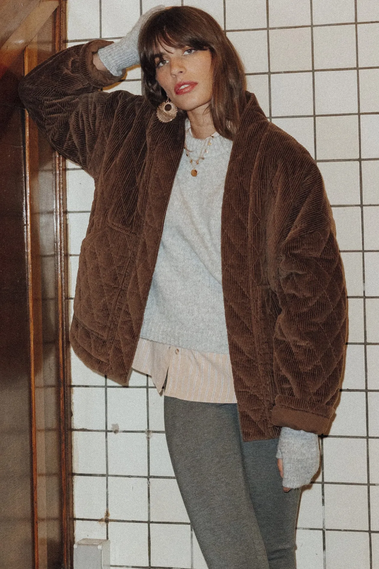 Promod Veste matelassée en velours - Marron Cheap